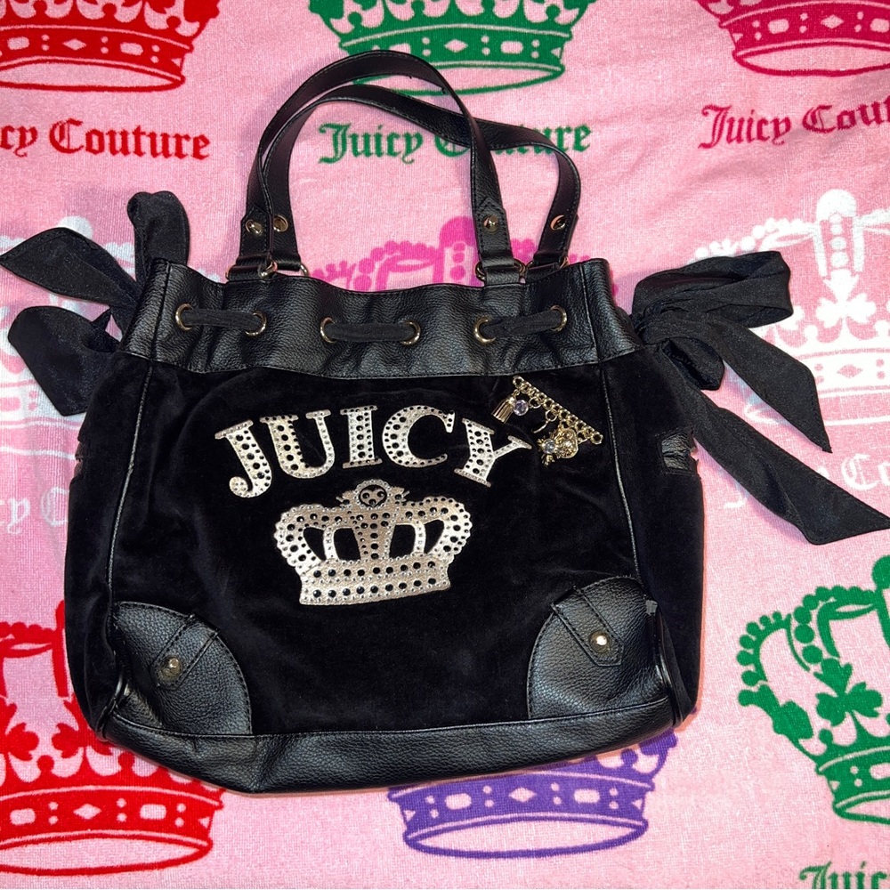 Vintage Black Juicy Couture Purse Tote Bag Satchel Velour Daydreamer Y2K Handbag
